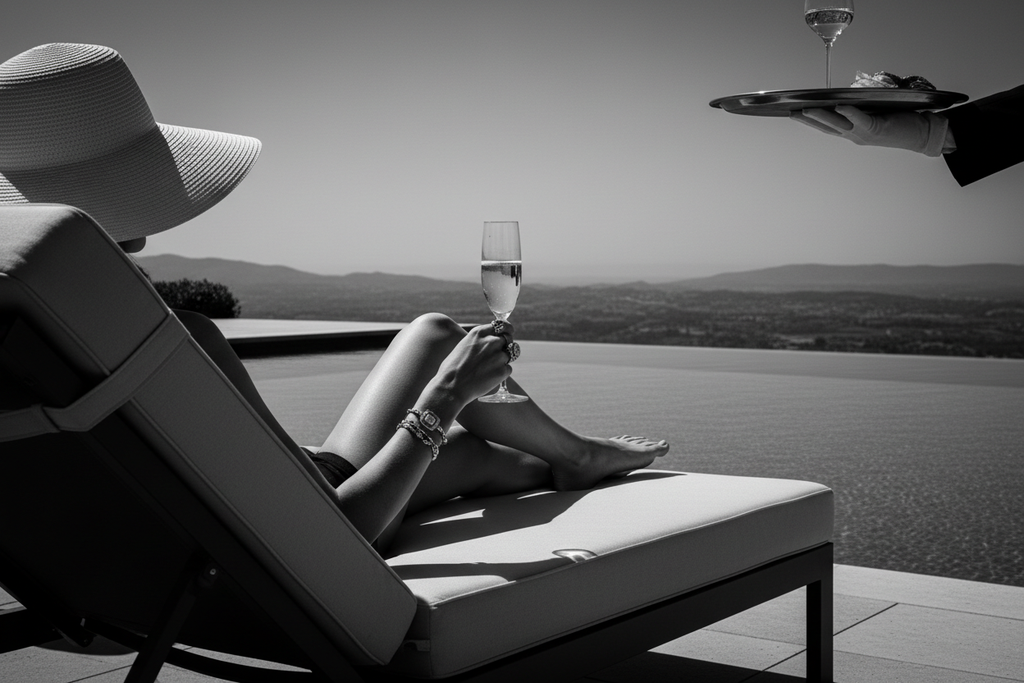 Outdoor setting, black and white, man sieht einen infinity pool und eine Sonnen liege von hinten. Auf der liege ist eine elegante und schone Frau, man sieht ihre langen eleganten Beine und ihren großen Sonnenhut, der ein wenig hervorlugt. Man sieht wie ihr ein Tablett mit einem Glas Champagner gereicht wird und sie danach greift. Ihre Hand ist elegant und mit hochwertigem Schmuck