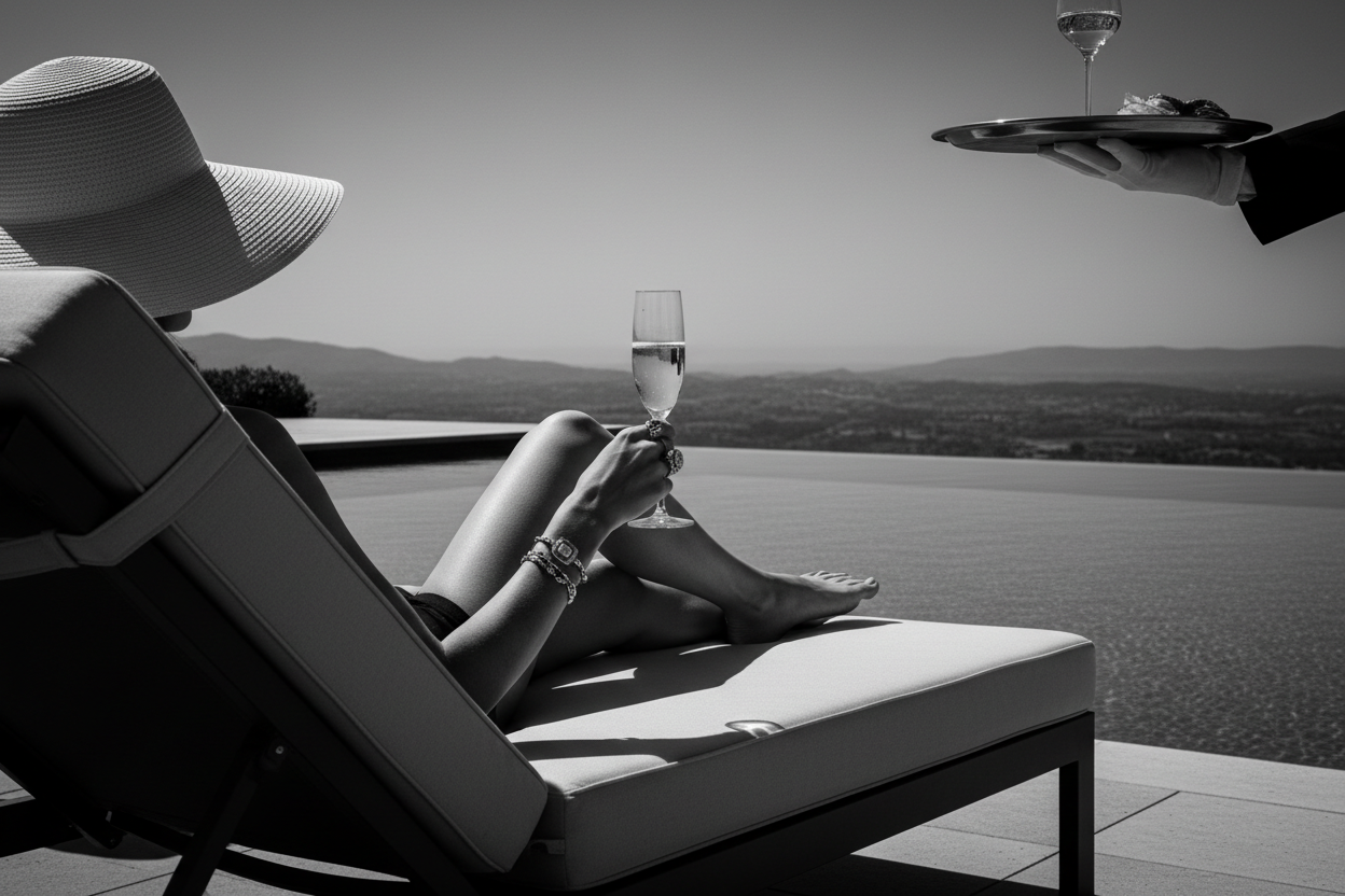 Outdoor setting, black and white, man sieht einen infinity pool und eine Sonnen liege von hinten. Auf der liege ist eine elegante und schone Frau, man sieht ihre langen eleganten Beine und ihren großen Sonnenhut, der ein wenig hervorlugt. Man sieht wie ihr ein Tablett mit einem Glas Champagner gereicht wird und sie danach greift. Ihre Hand ist elegant und mit hochwertigem Schmuck