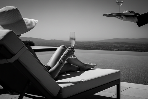 Outdoor setting, black and white, man sieht einen infinity pool und eine Sonnen liege von hinten. Auf der liege ist eine elegante und schone Frau, man sieht ihre langen eleganten Beine und ihren großen Sonnenhut, der ein wenig hervorlugt. Man sieht wie ihr ein Tablett mit einem Glas Champagner gereicht wird und sie danach greift. Ihre Hand ist elegant und mit hochwertigem Schmuck